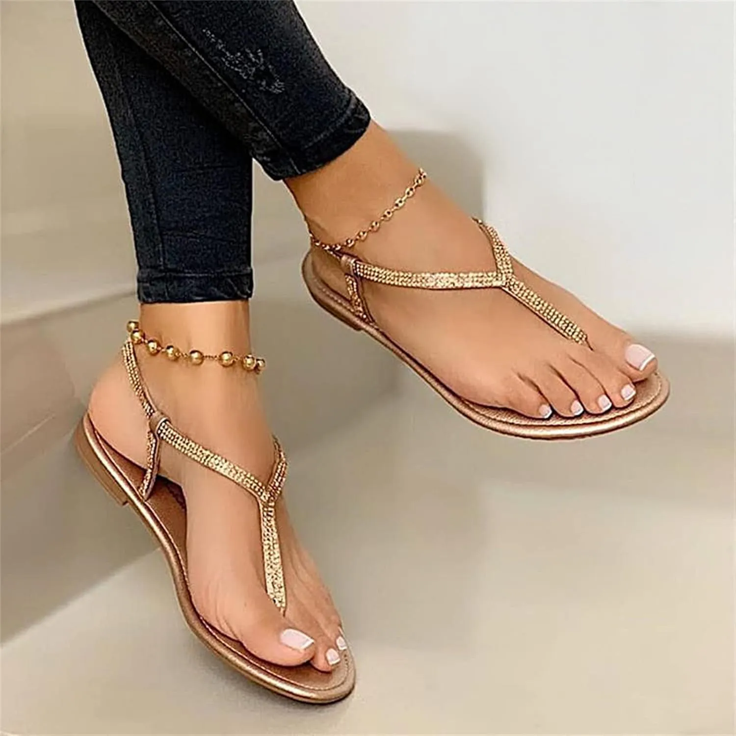 Ladmiple Sandals for Women Dressy,Womens Summer 2023 Crystal Flip Flop Gladiator Strappy Sandal Casual Roman Flat Shoes