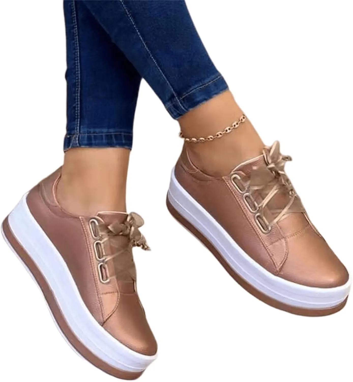 Ladmiple Shoes For Women Sneakers Slip Ons Walking Shoes Non Slip Lightweight Gym Fashion Lace Up Platform Flats Loafers