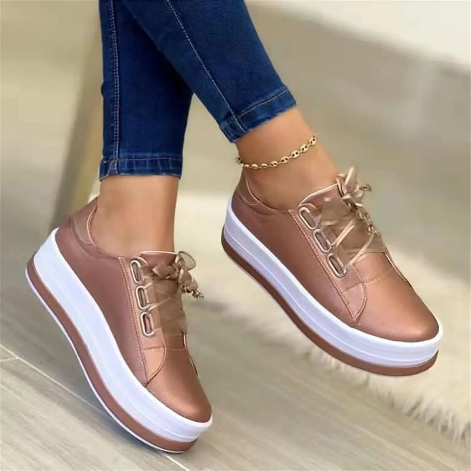 Ladmiple Shoes For Women Sneakers Slip Ons Walking Shoes Non Slip Lightweight Gym Fashion Lace Up Platform Flats Loafers