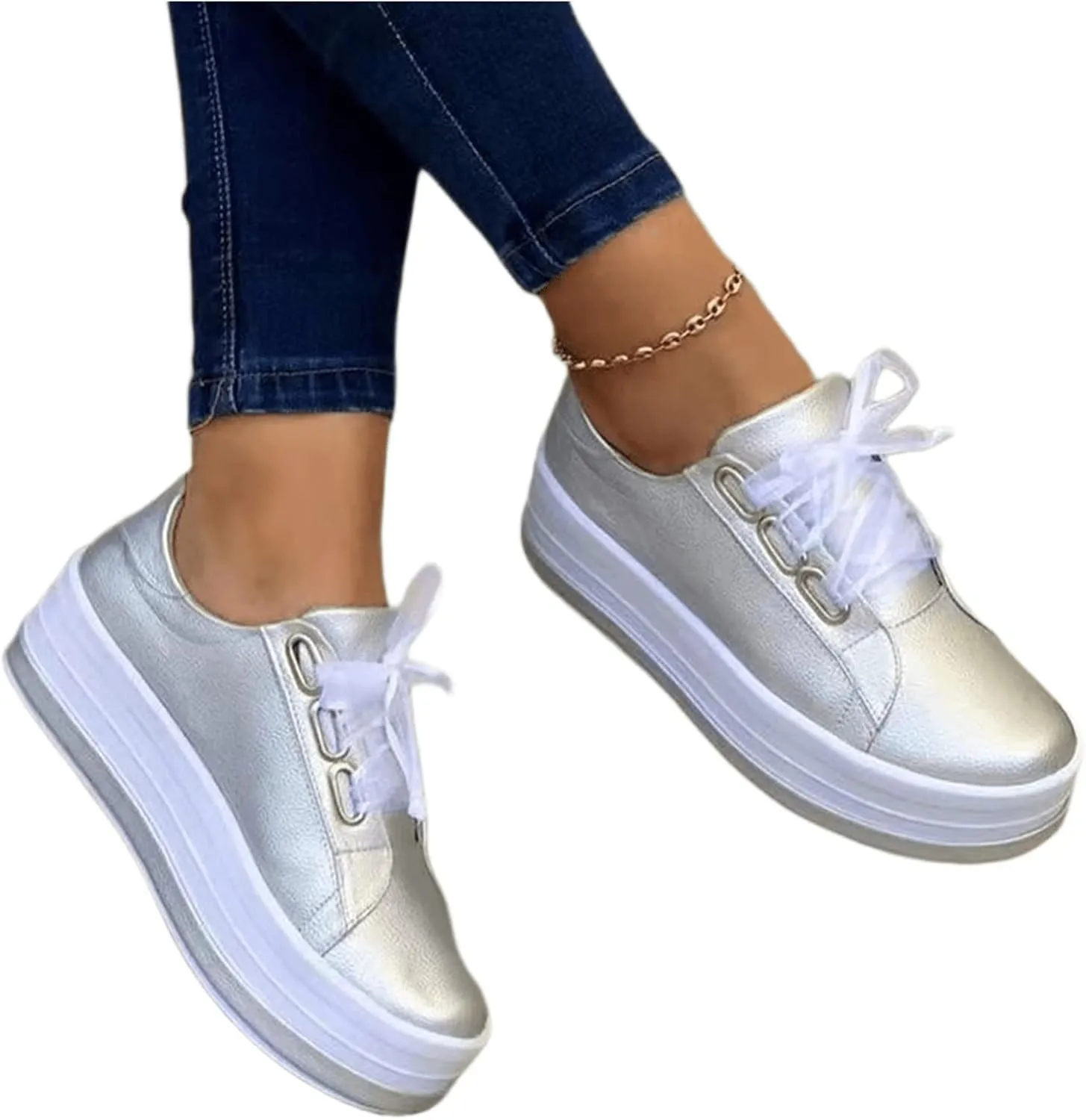 Ladmiple Shoes For Women Sneakers Trendy Low Top Lace-up Walking Shoes Fashion Summer Slip On Platform Flats Loafers