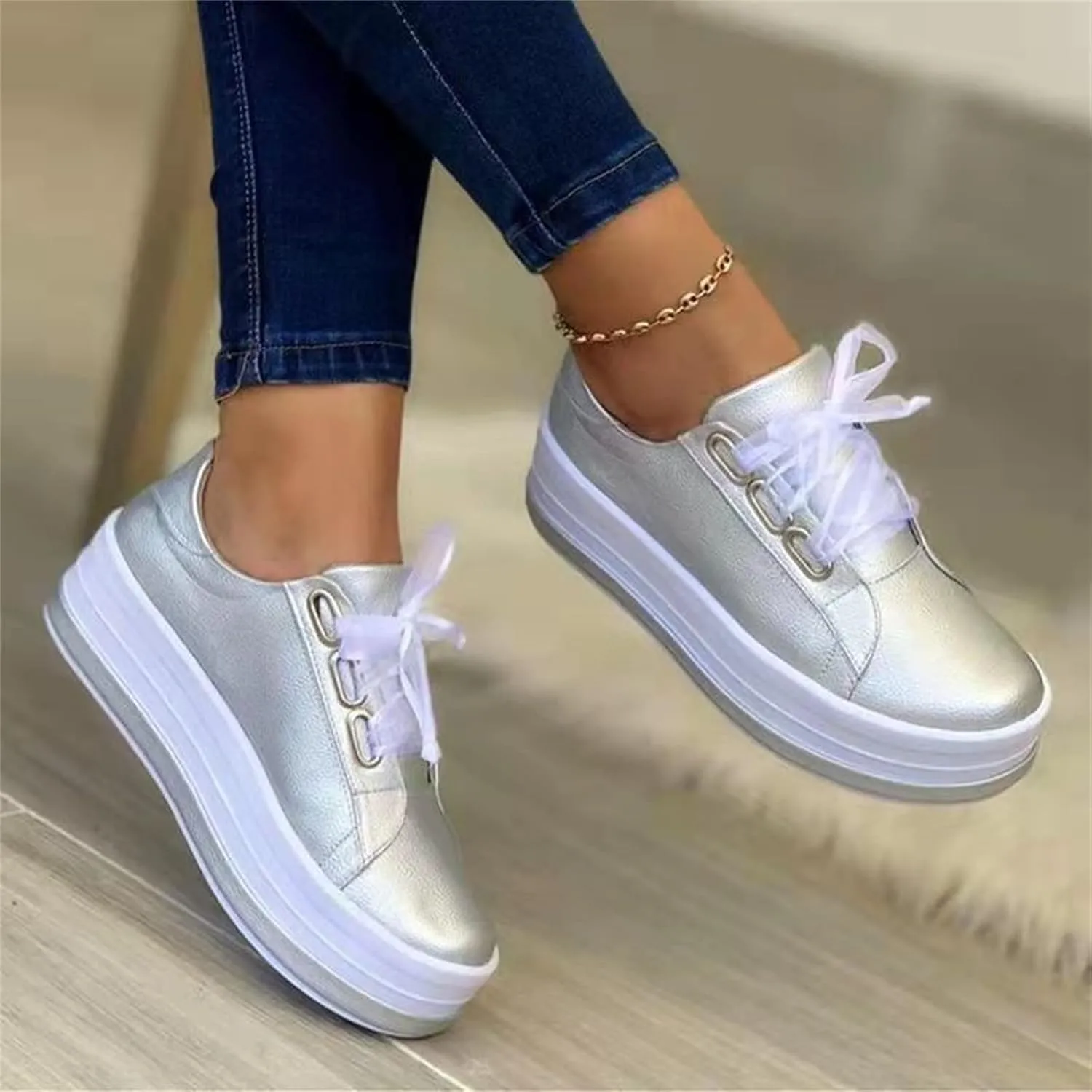 Ladmiple Shoes For Women Sneakers Trendy Low Top Lace-up Walking Shoes Fashion Summer Slip On Platform Flats Loafers
