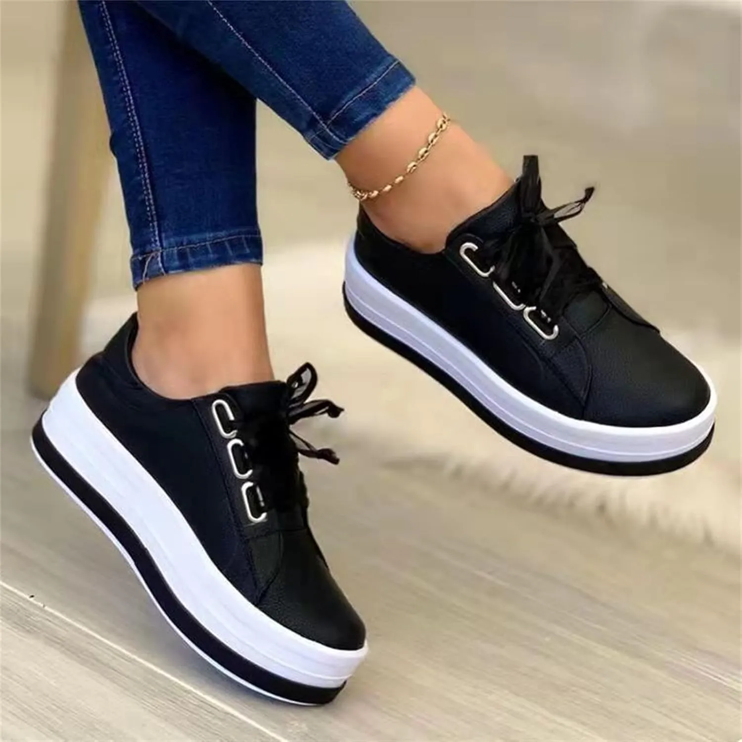 Ladmiple Sneakers For Women Slip On Wide Width Walking Shoes Fashion Lace Up Low Top Comfortable Platform Flats Loafers