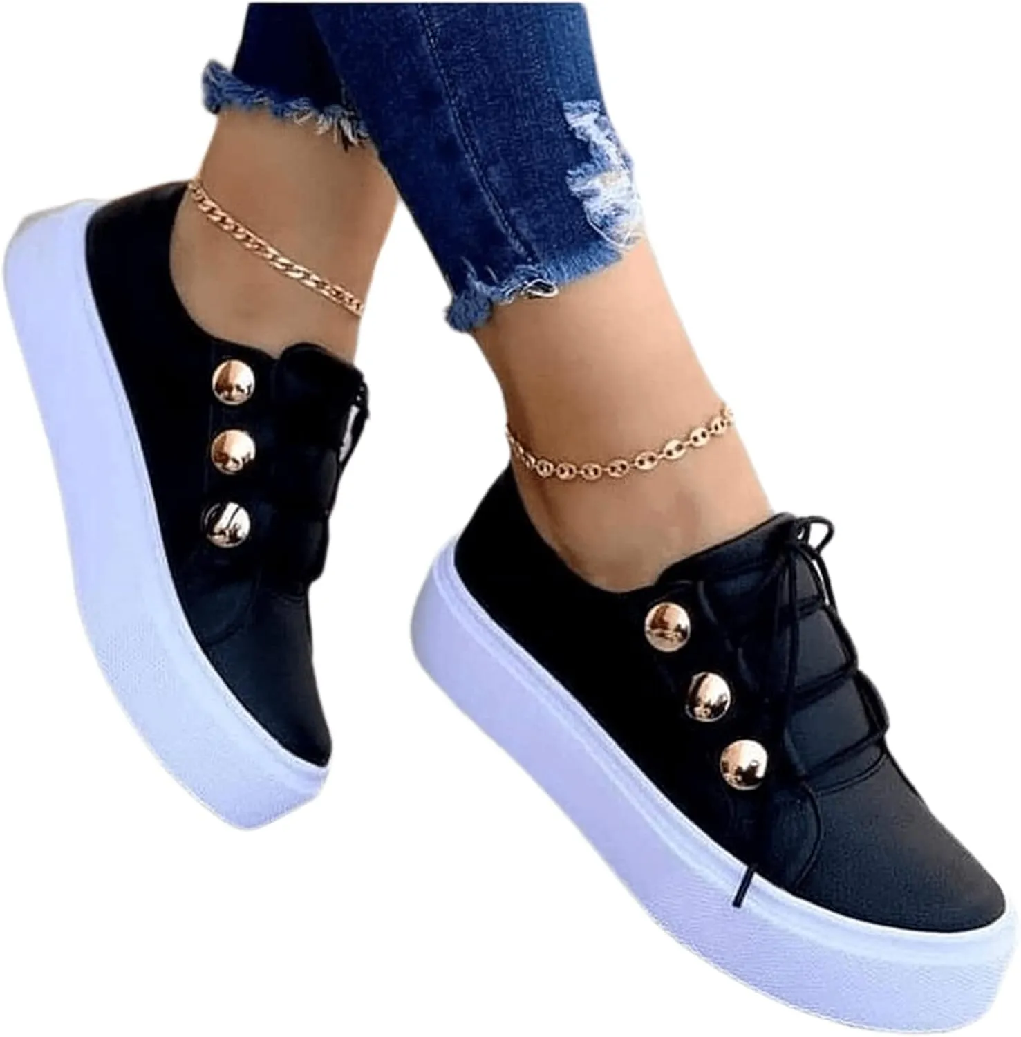 Ladmiple Sneakers For Women Slip On Wide Width Walking Shoes Platform Loafers Casual Dressy Summer Lace Up Flats Shoes