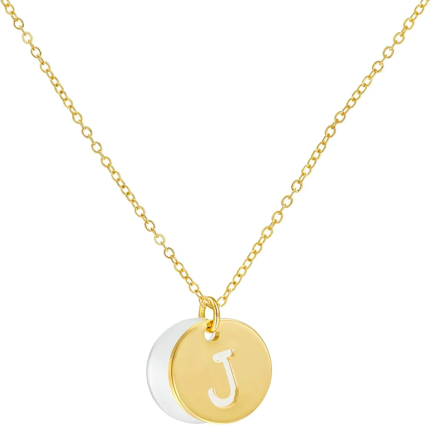 LANE WOODS Gold Letter Initial Necklace for Women- Solid 18K Gold Plated Dainty Tiny Necklaces Name Alphabet Circle Disc Coin Pendant Charm Birthday Jewelry
