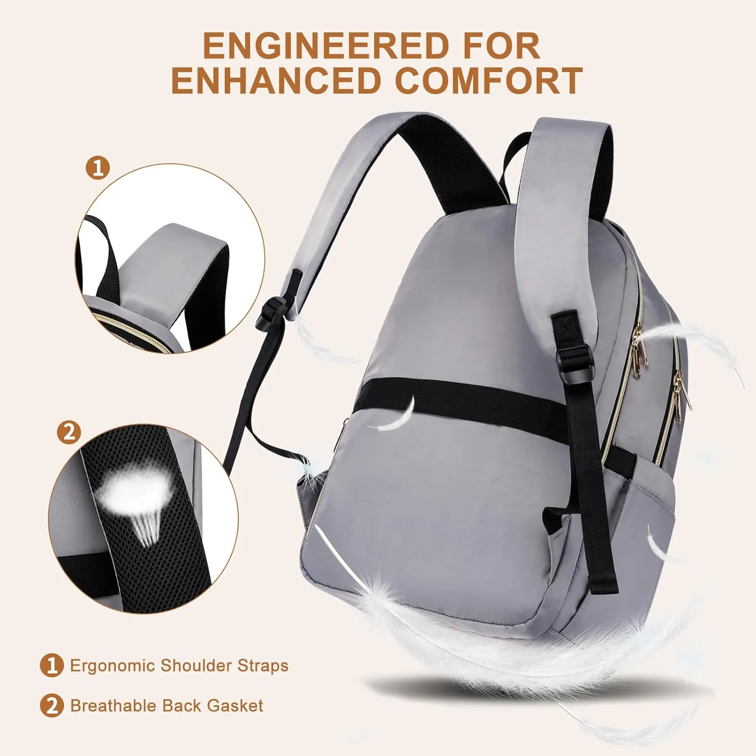 Laptop Backpack for Women, School Backpacks for Teens, 15.6 Inch Fashion Work Backpack with USB Port, Large Bookbag for Student, Teacher, Water Resistant Casual Daypack for Travel, Grey-Brown