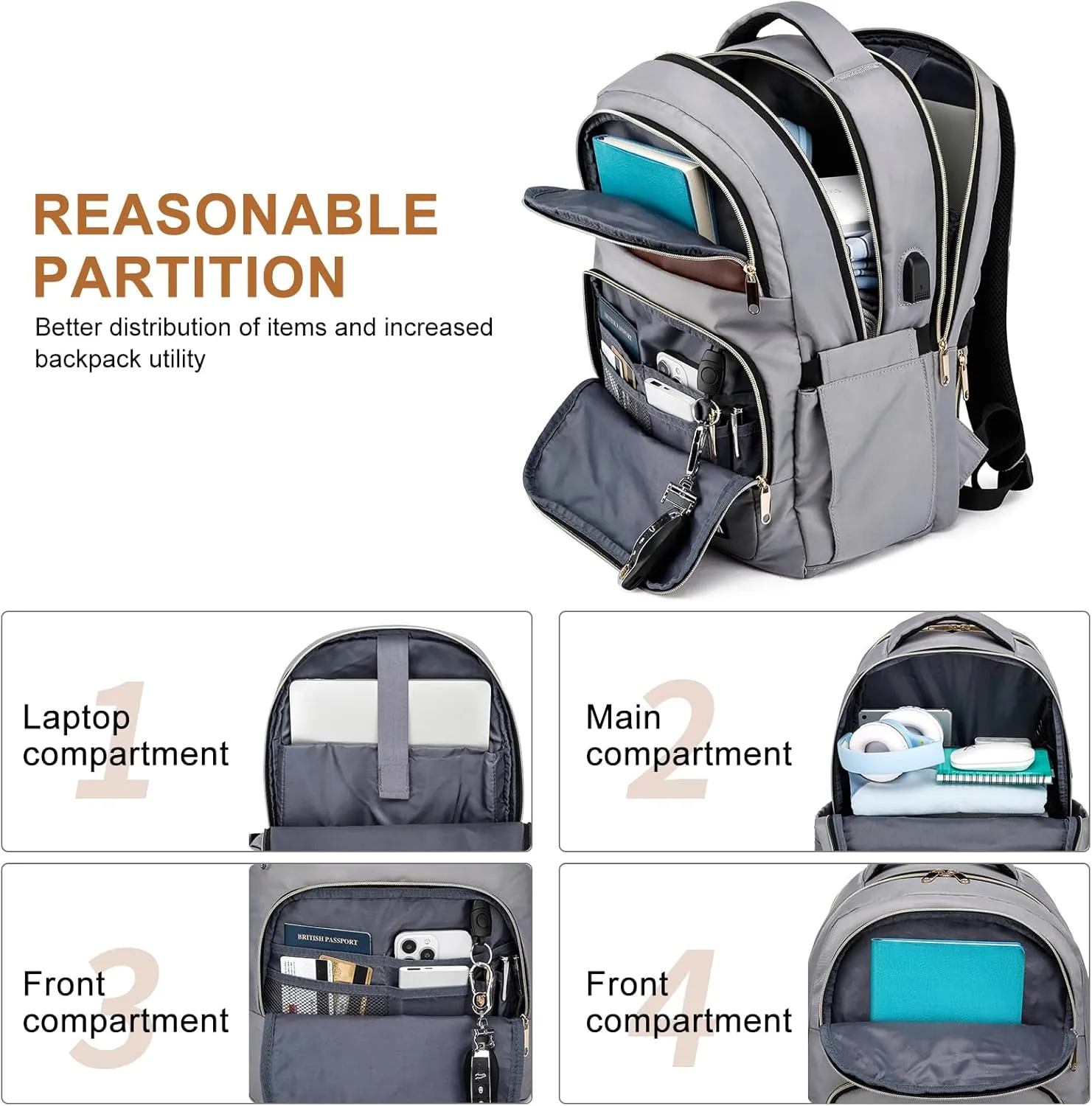 Laptop Backpack for Women, School Backpacks for Teens, 15.6 Inch Fashion Work Backpack with USB Port, Large Bookbag for Student, Teacher, Water Resistant Casual Daypack for Travel, Grey-Brown