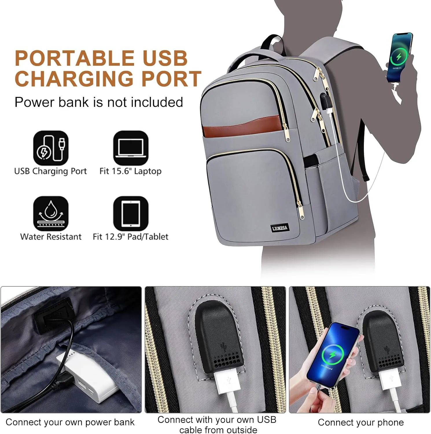 Laptop Backpack for Women, School Backpacks for Teens, 15.6 Inch Fashion Work Backpack with USB Port, Large Bookbag for Student, Teacher, Water Resistant Casual Daypack for Travel, Grey-Brown
