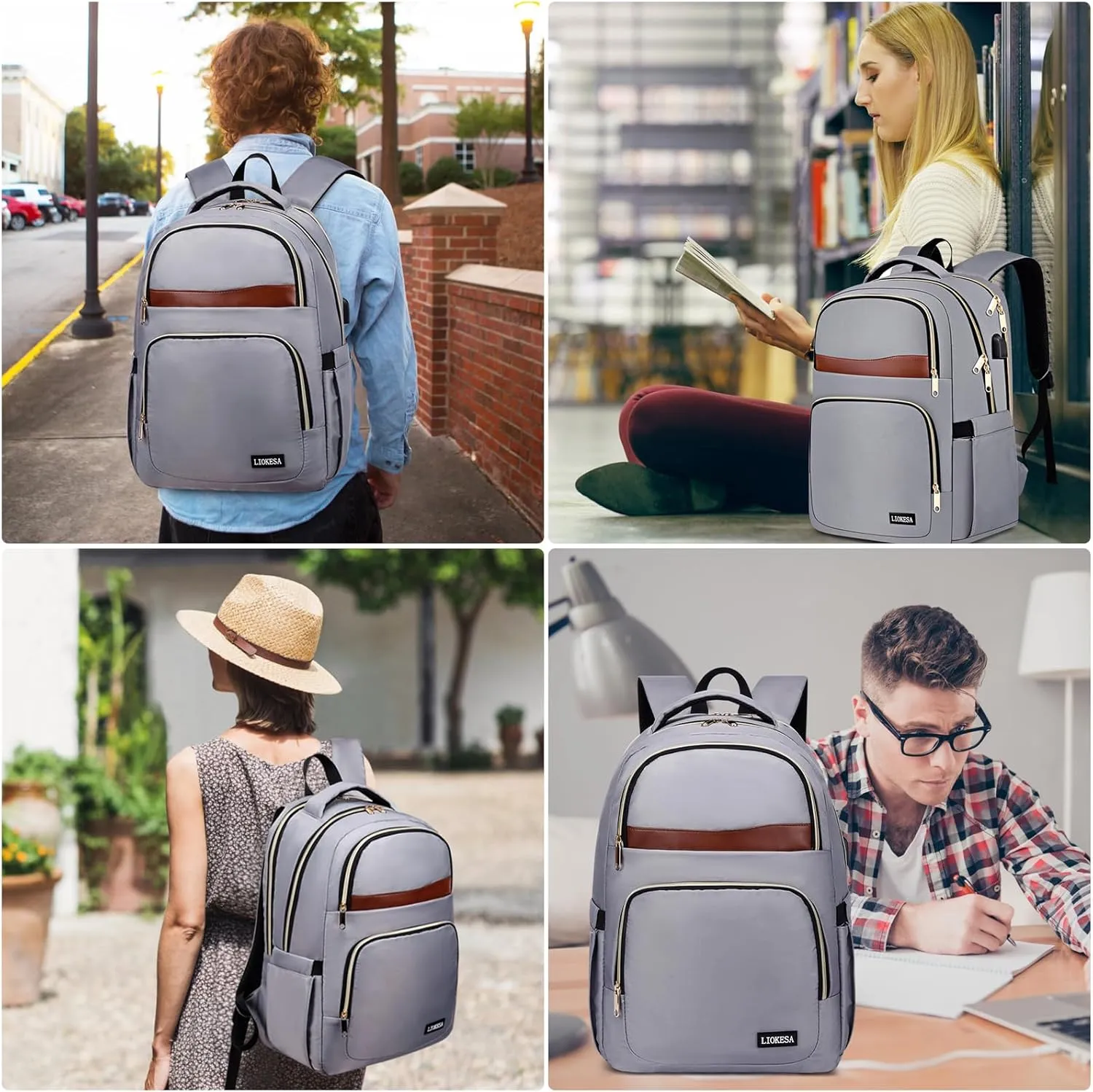 Laptop Backpack for Women, School Backpacks for Teens, 15.6 Inch Fashion Work Backpack with USB Port, Large Bookbag for Student, Teacher, Water Resistant Casual Daypack for Travel, Grey-Brown