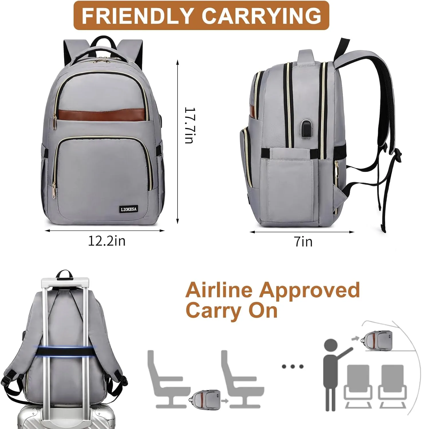 Laptop Backpack for Women, School Backpacks for Teens, 15.6 Inch Fashion Work Backpack with USB Port, Large Bookbag for Student, Teacher, Water Resistant Casual Daypack for Travel, Grey-Brown