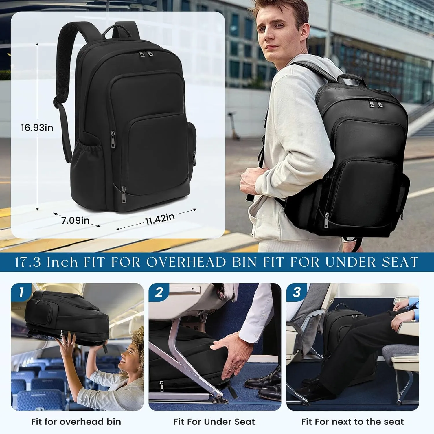 Large Travel Laptop Backpack, Carry on Backpack, 17.3 Inch Durable Business Work Sport Laptop Backpack with USB Port, Water Resistant Rucksack Book Bag Gifts for Men Women, Black