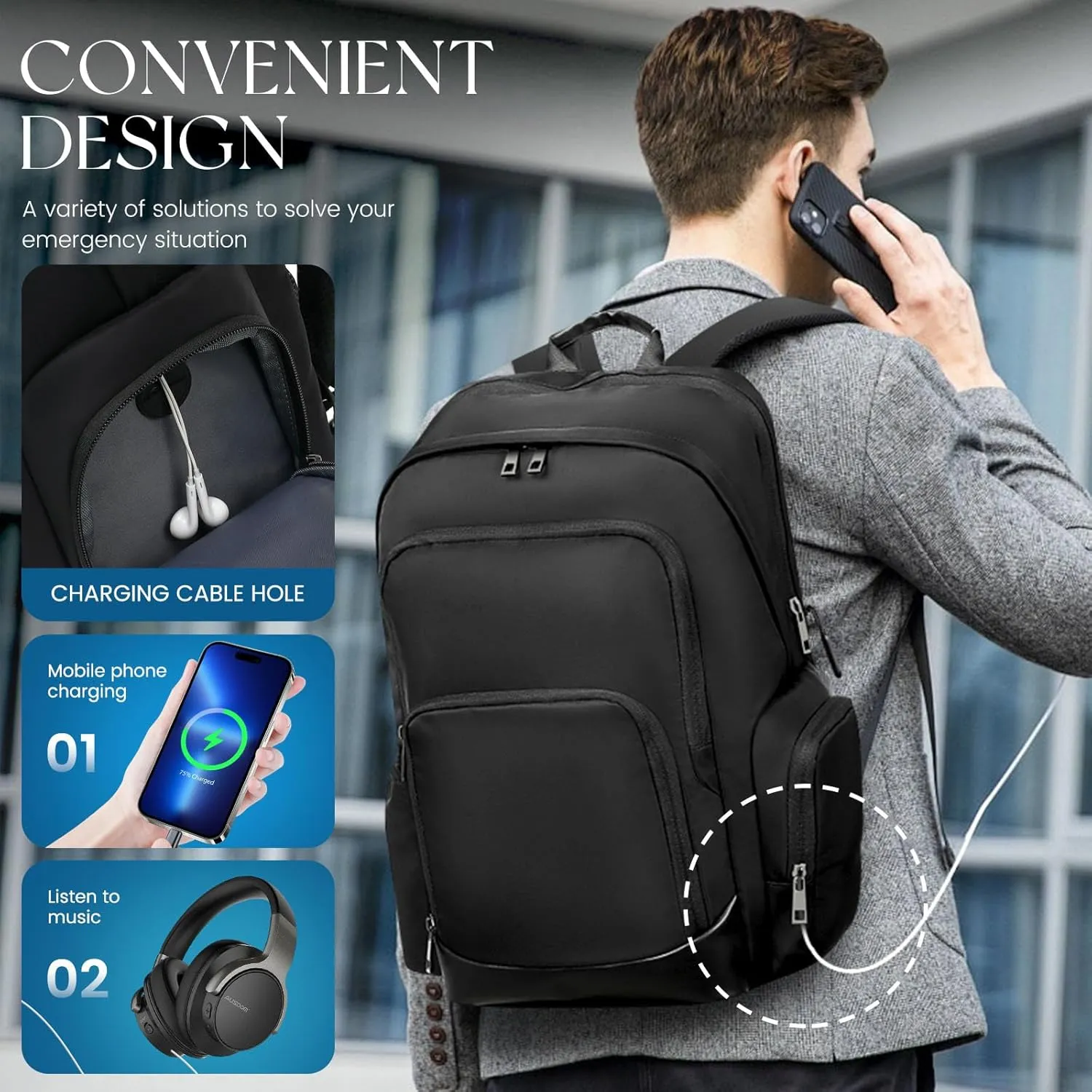 Large Travel Laptop Backpack, Carry on Backpack, 17.3 Inch Durable Business Work Sport Laptop Backpack with USB Port, Water Resistant Rucksack Book Bag Gifts for Men Women, Black