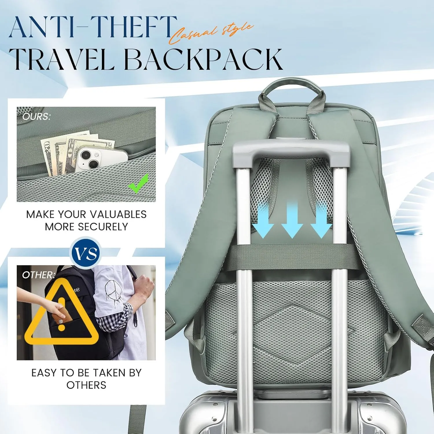 Large Travel Laptop Backpack, Carry on Backpack, 17.3 Inch Durable Business Work Sport Laptop Backpack with USB Port, Water Resistant Rucksack Book Bag Gifts for Men Women, Green