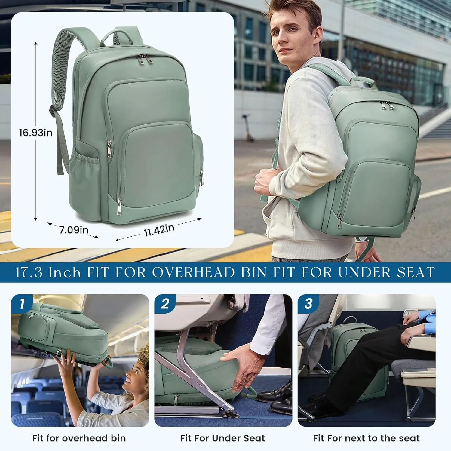 Large Travel Laptop Backpack, Carry on Backpack, 17.3 Inch Durable Business Work Sport Laptop Backpack with USB Port, Water Resistant Rucksack Book Bag Gifts for Men Women, Green