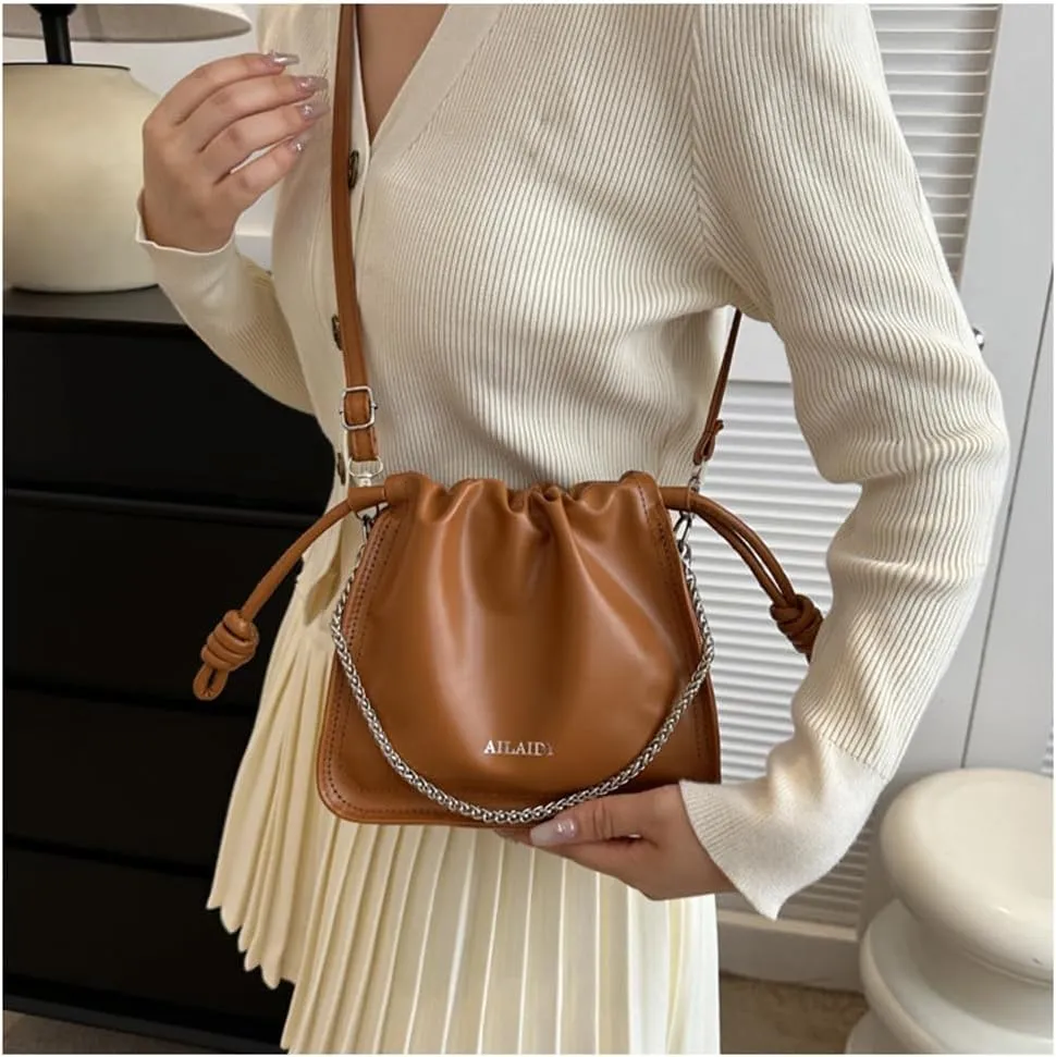 Leather Drawstring Bucket Bag Top-Handle Chain Hobo Crossbody Bucket Handbag Drawstring Bags and Purses