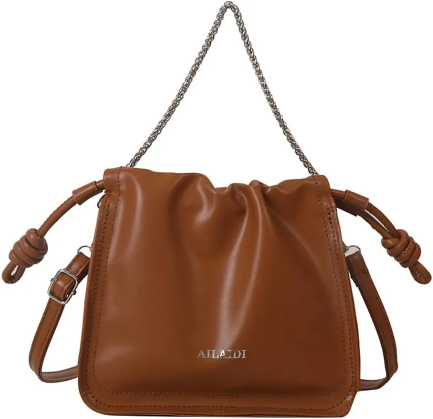Leather Drawstring Bucket Bag Top-Handle Chain Hobo Crossbody Bucket Handbag Drawstring Bags and Purses
