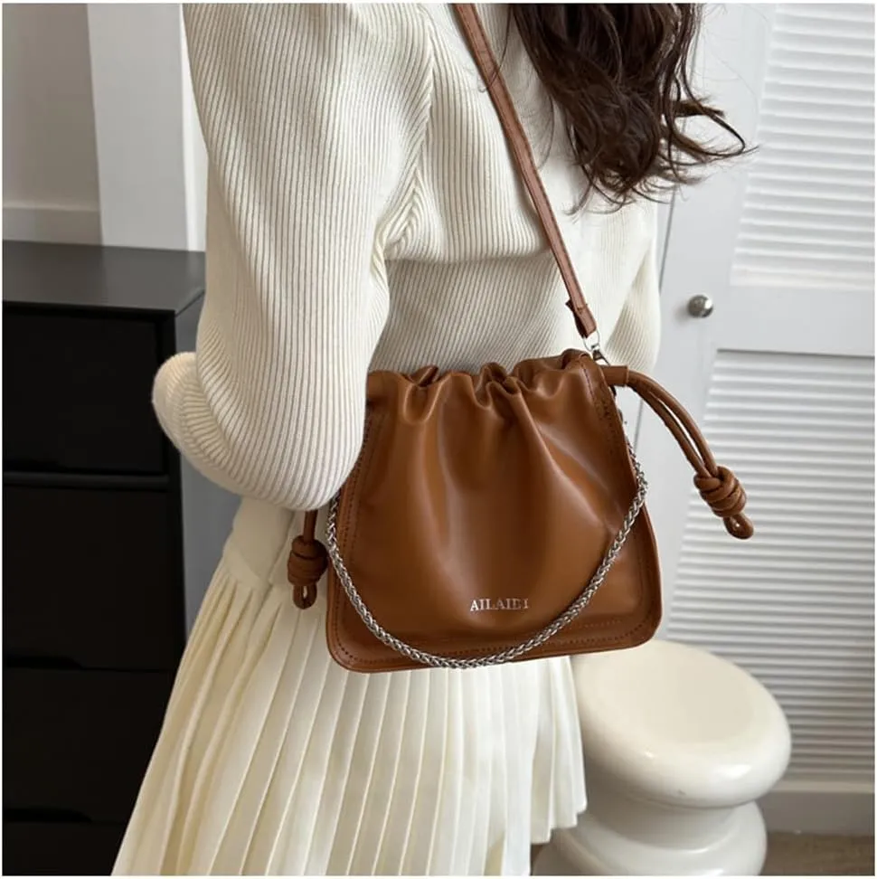 Leather Drawstring Bucket Bag Top-Handle Chain Hobo Crossbody Bucket Handbag Drawstring Bags and Purses