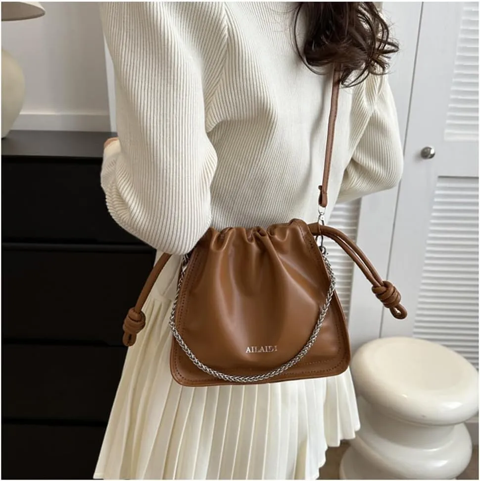 Leather Drawstring Bucket Bag Top-Handle Chain Hobo Crossbody Bucket Handbag Drawstring Bags and Purses