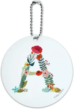 Letter A Floral Round Luggage ID Tag Card Suitcase Carry-On