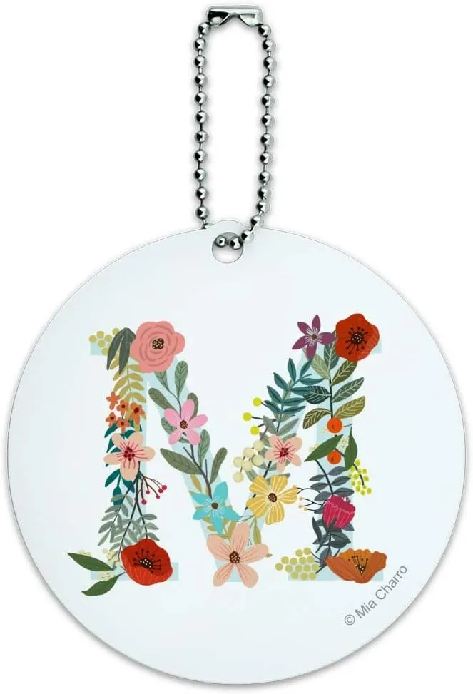 Letter M Floral Monogram Initial Round Luggage ID Tag Card Suitcase Carry-On