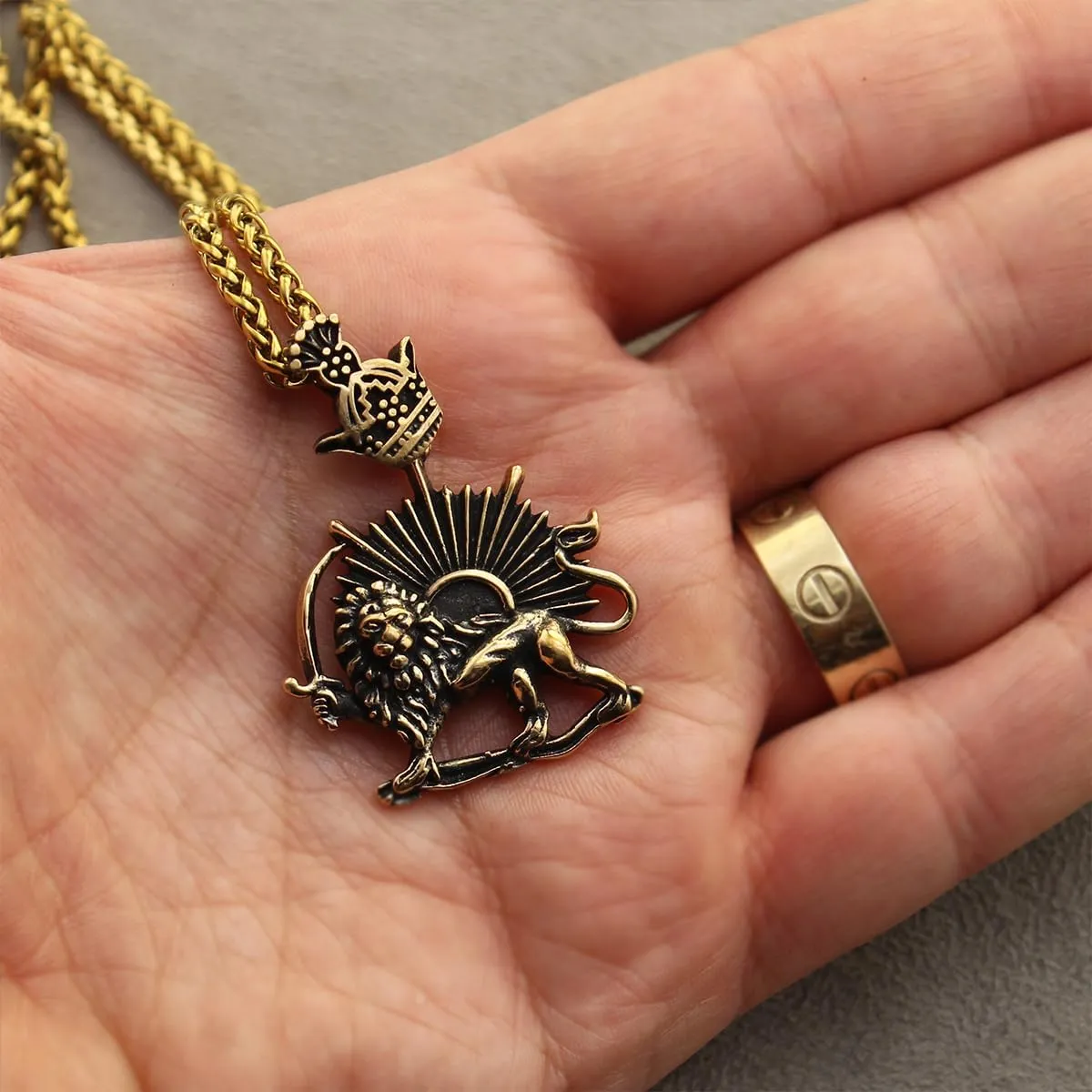 Lion and Sun Persian Pahlavi Crown Pendant Necklace Chain Vintage Style