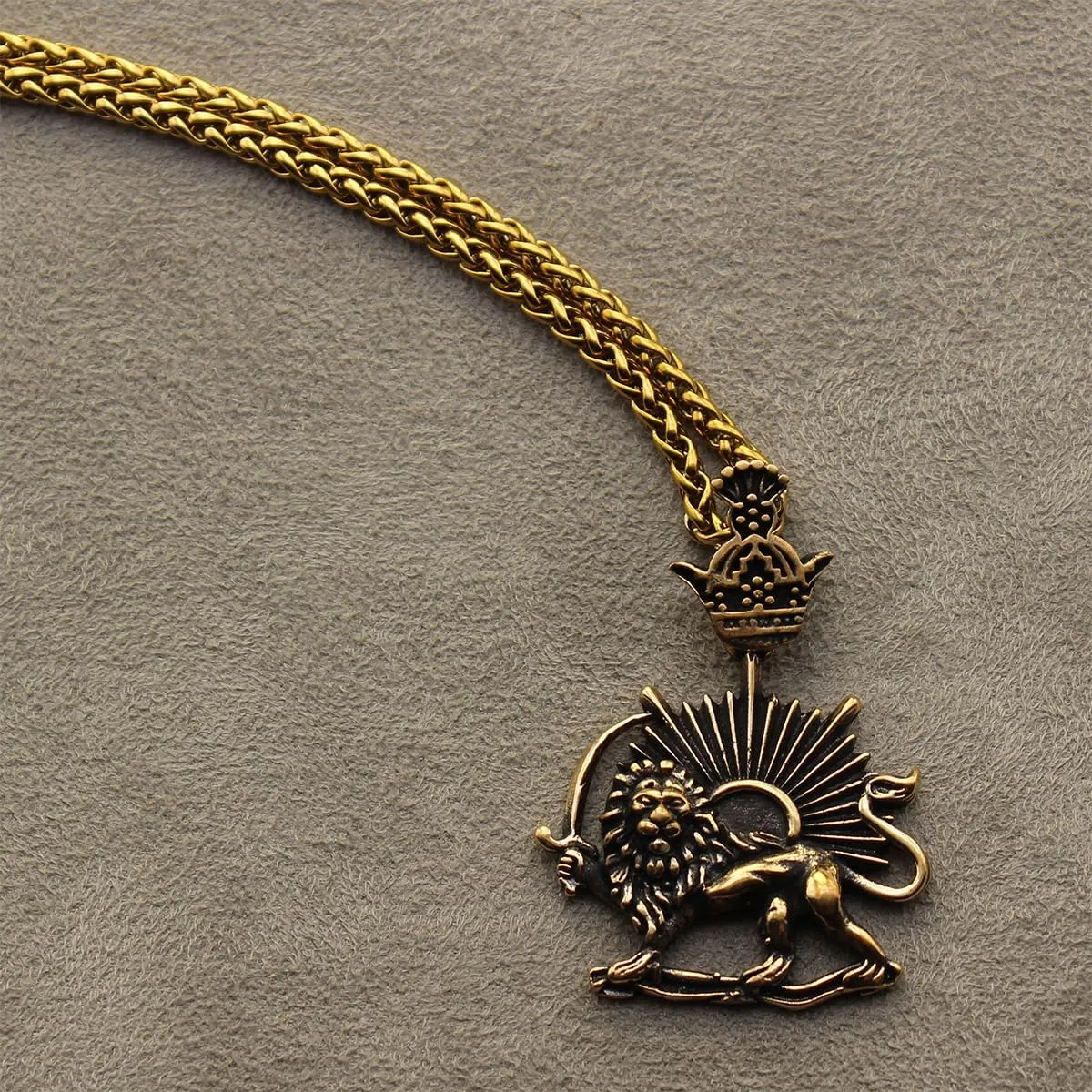 Lion and Sun Persian Pahlavi Crown Pendant Necklace Chain Vintage Style