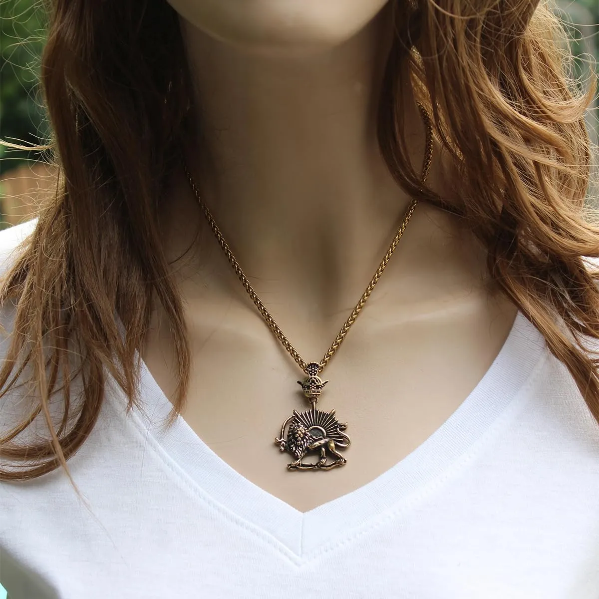 Lion and Sun Persian Pahlavi Crown Pendant Necklace Chain Vintage Style