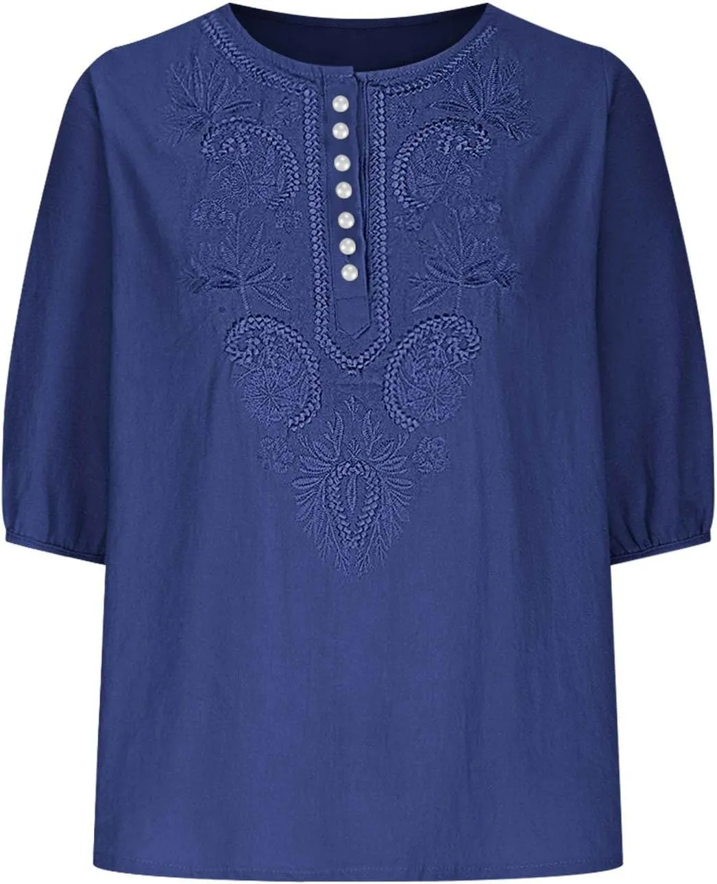 Lmdudan Cotton Linen Embroidered Tops for Women Peasant Shirt Boho Ethnic Style Mexican Blouse 3/4 Sleeve Button Tunic Tshirt