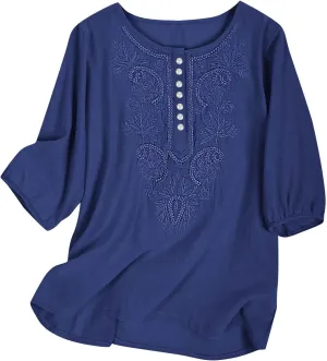 Lmdudan Cotton Linen Embroidered Tops for Women Peasant Shirt Boho Ethnic Style Mexican Blouse 3/4 Sleeve Button Tunic Tshirt
