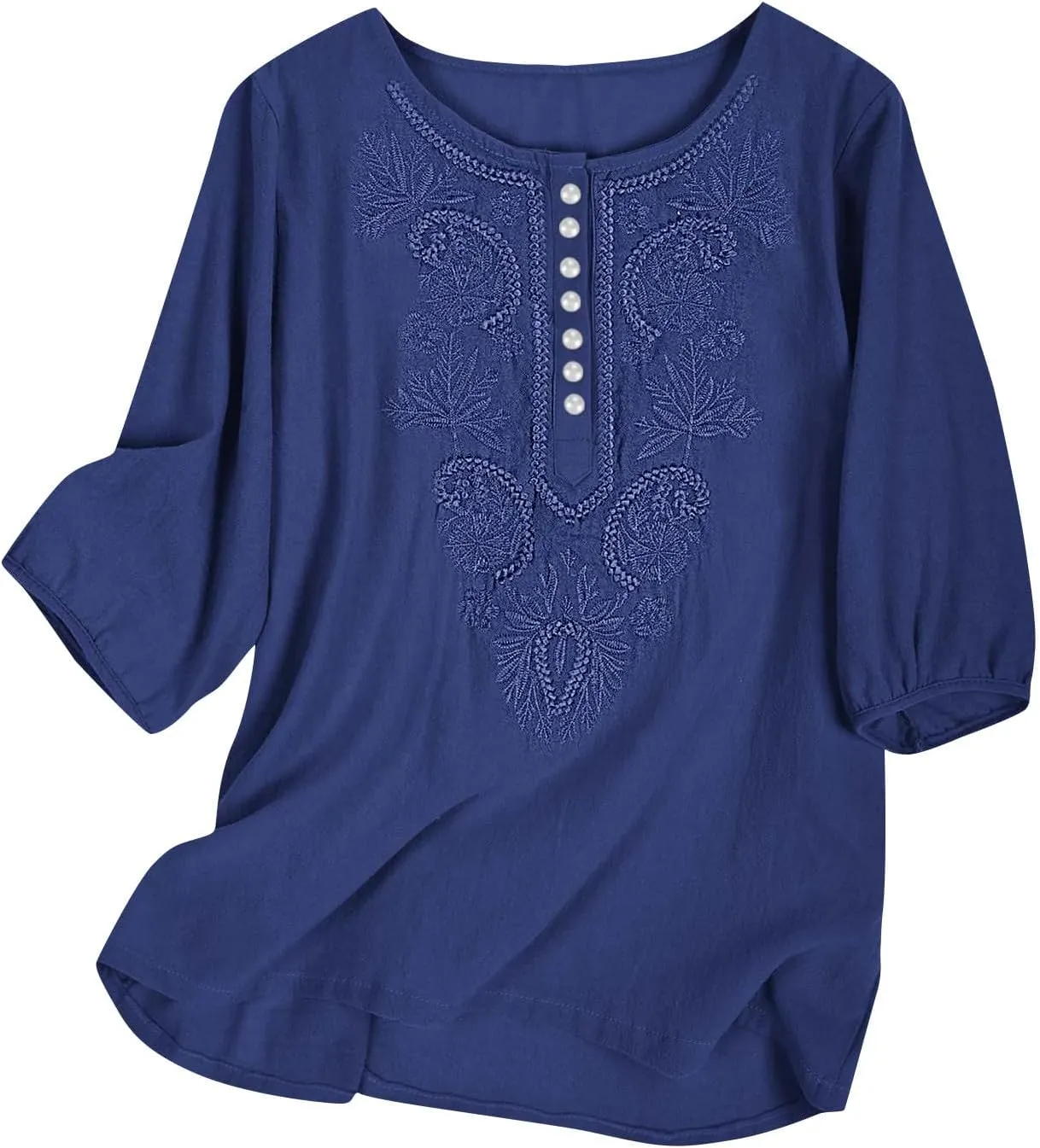 Lmdudan Cotton Linen Embroidered Tops for Women Peasant Shirt Boho Ethnic Style Mexican Blouse 3/4 Sleeve Button Tunic Tshirt