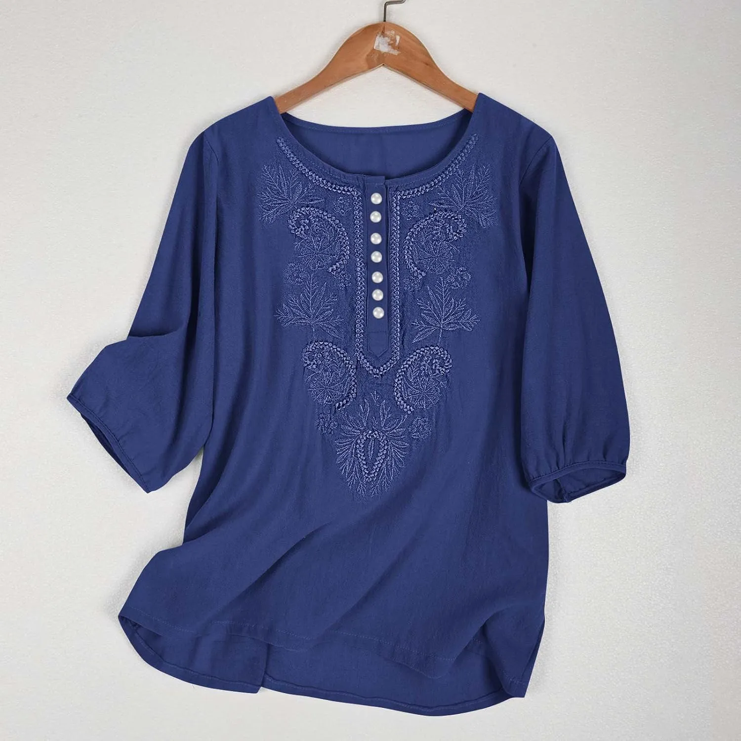 Lmdudan Cotton Linen Embroidered Tops for Women Peasant Shirt Boho Ethnic Style Mexican Blouse 3/4 Sleeve Button Tunic Tshirt