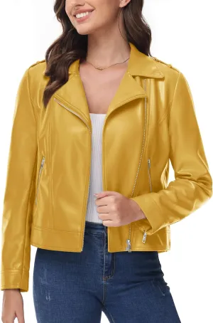 MAGCOMSEN Women's Leather Jacket Zipped Moto Jacket Lightweight Faux Leather Biker Jackets Fall Autumn Lapel Jackets
