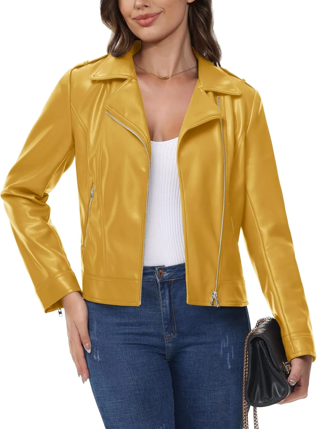 MAGCOMSEN Women's Leather Jacket Zipped Moto Jacket Lightweight Faux Leather Biker Jackets Fall Autumn Lapel Jackets