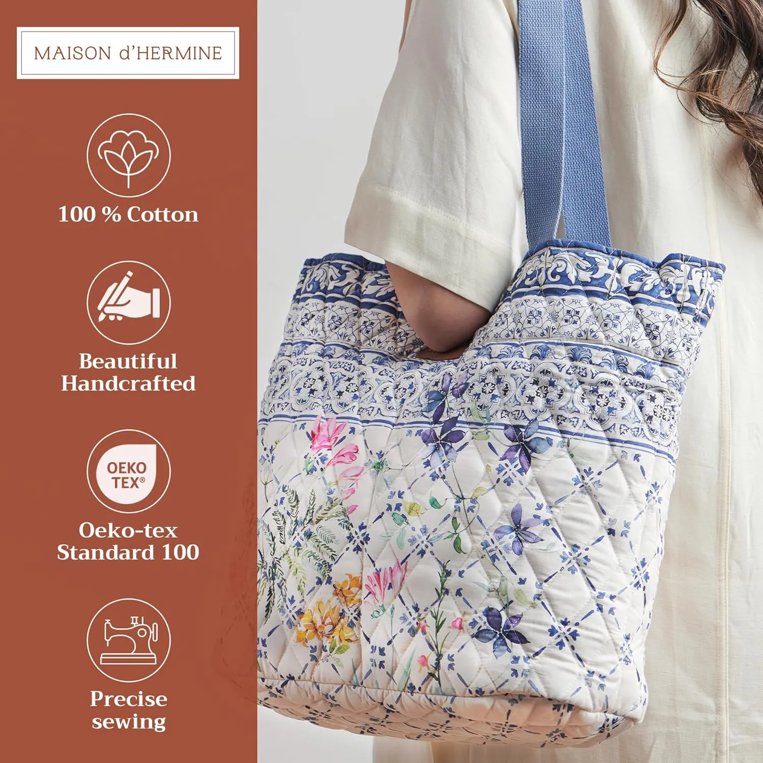 Maison d' Hermine Shopping Bags Cotton Quilted Tote Bag with Zipper Pockets Small Pouch Reusable Grocery Bag Work Travel