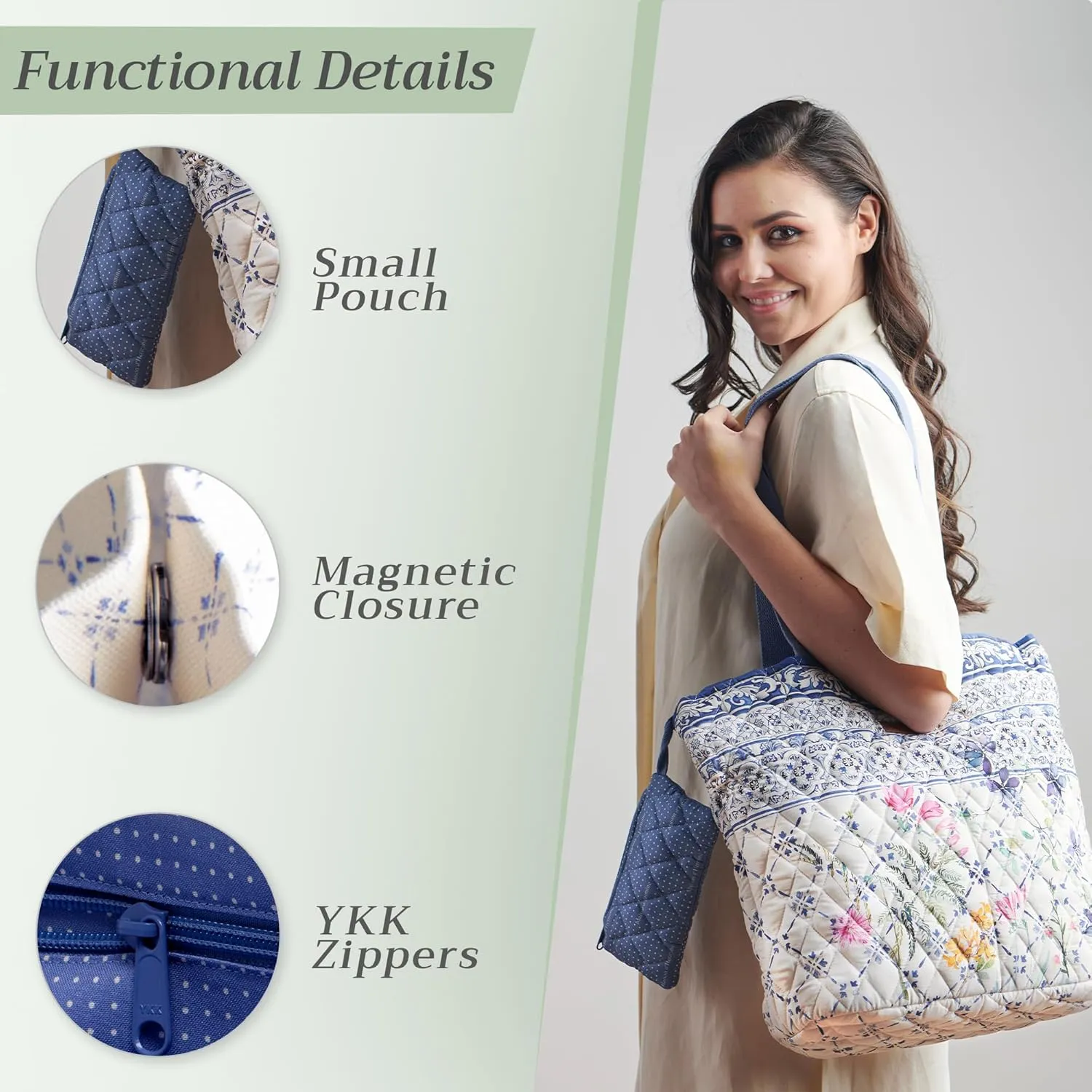 Maison d' Hermine Shopping Bags Cotton Quilted Tote Bag with Zipper Pockets Small Pouch Reusable Grocery Bag Work Travel