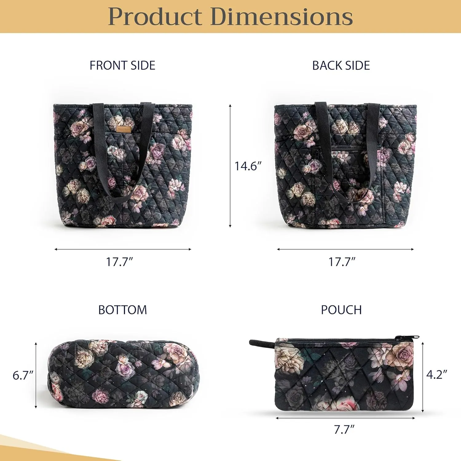 Maison d' Hermine Shopping Bags Cotton Quilted Tote Bag with Zipper Pockets Small Pouch Reusable Grocery Bag Work Travel