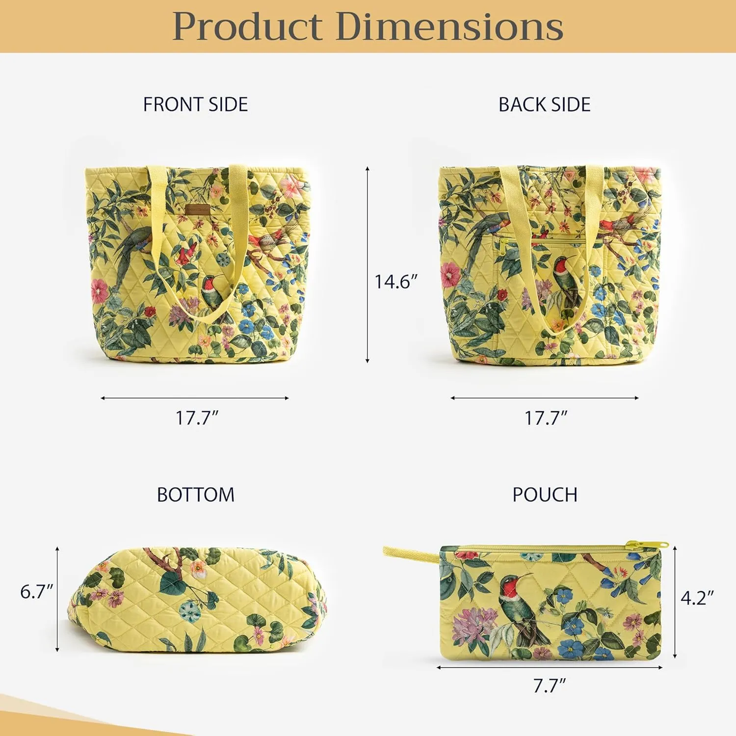 Maison d' Hermine Shopping Bags Cotton Quilted Tote Bag with Zipper Pockets Small Pouch Reusable Grocery Bag Work Travel