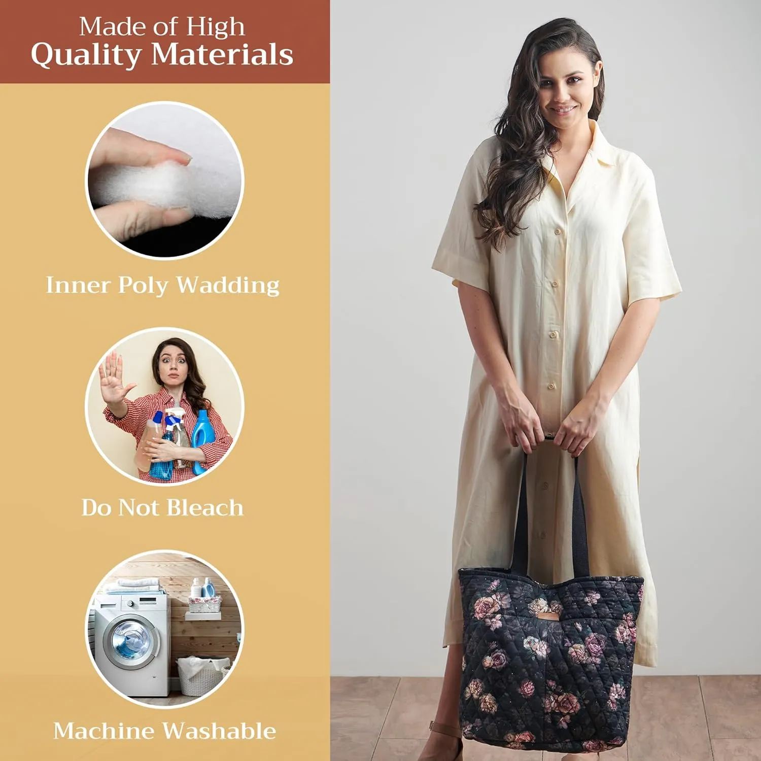 Maison d' Hermine Shopping Bags Cotton Quilted Tote Bag with Zipper Pockets Small Pouch Reusable Grocery Bag Work Travel