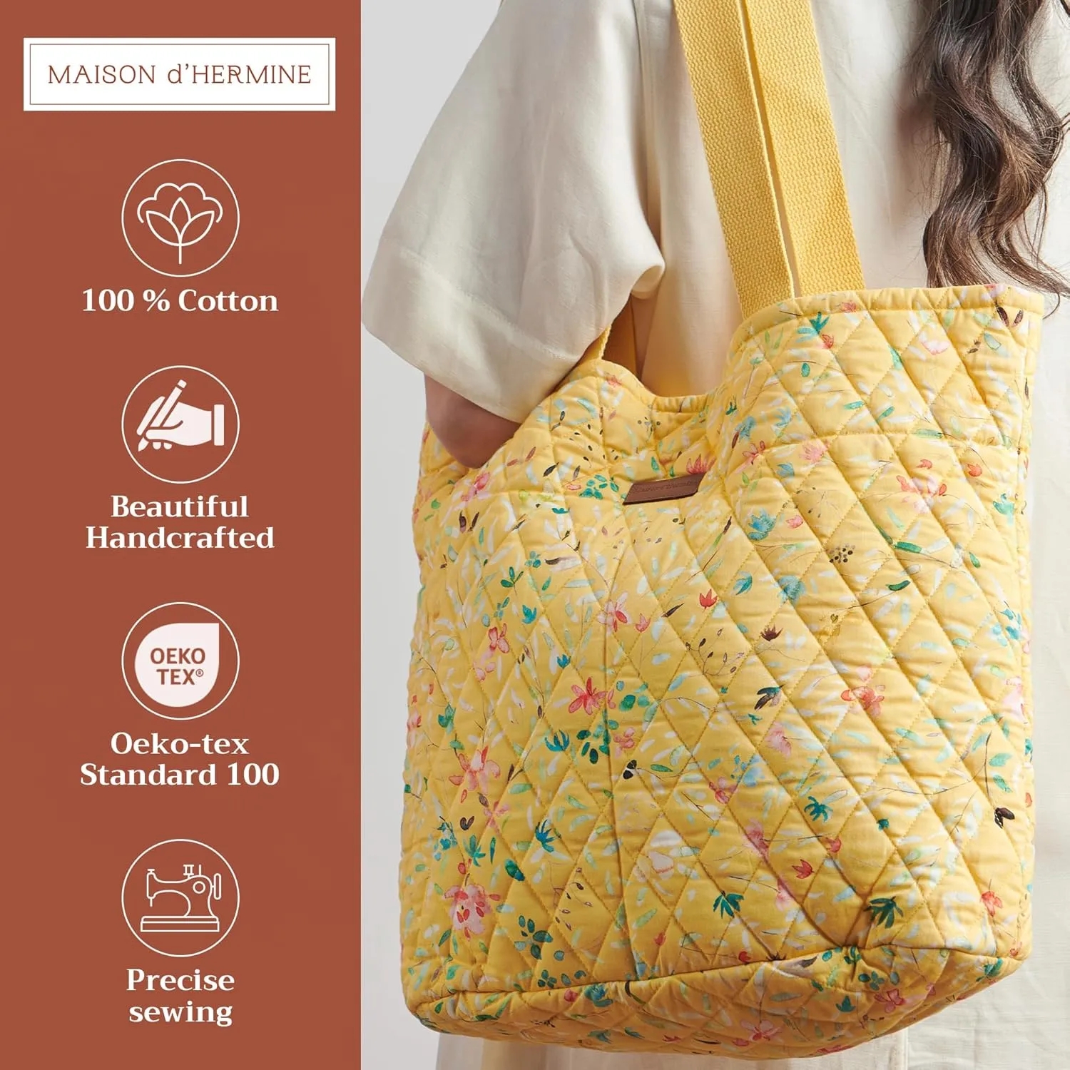 Maison d' Hermine Shopping Bags Cotton Quilted Tote Bag with Zipper Pockets Small Pouch Reusable Grocery Bag Work Travel
