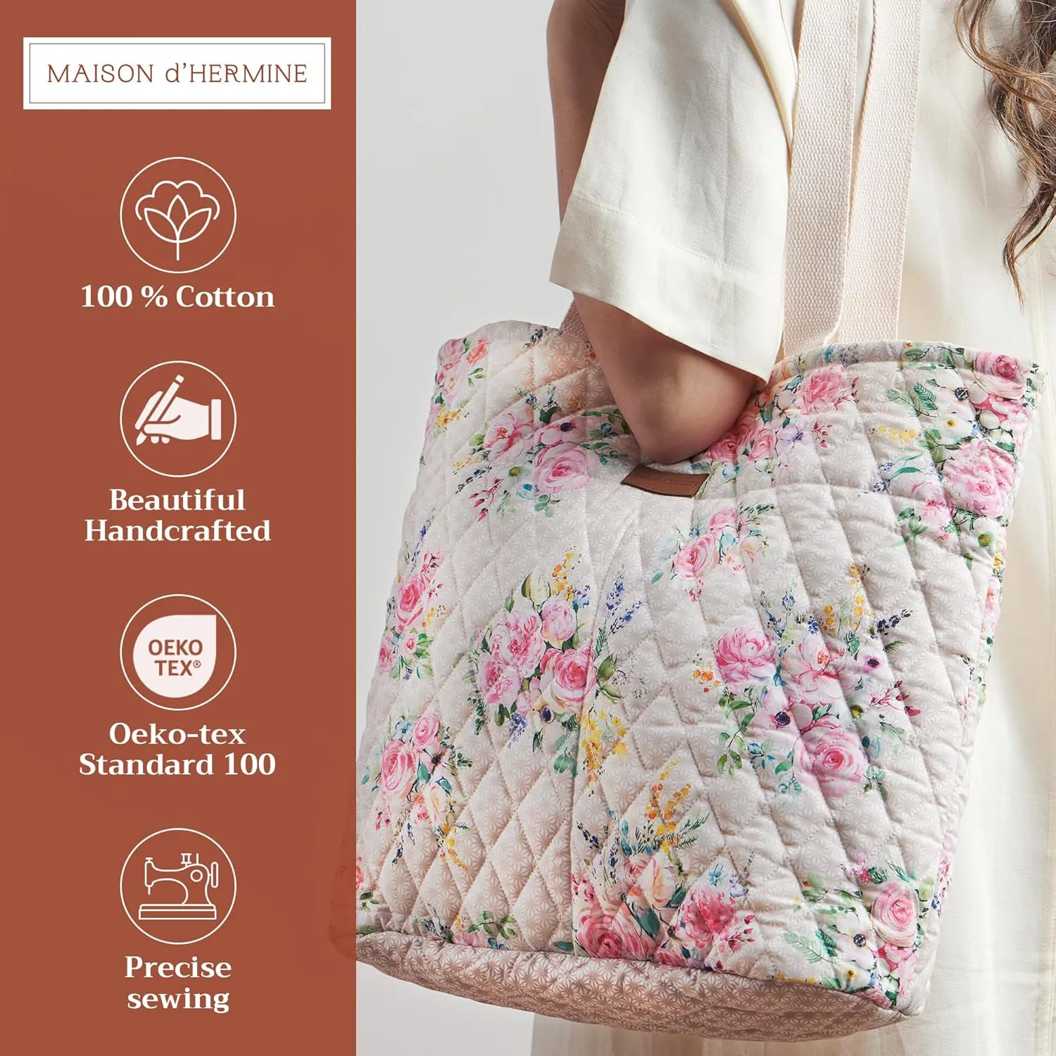 Maison d' Hermine Shopping Bags Cotton Quilted Tote Bag with Zipper Pockets Small Pouch Reusable Grocery Bag Work Travel
