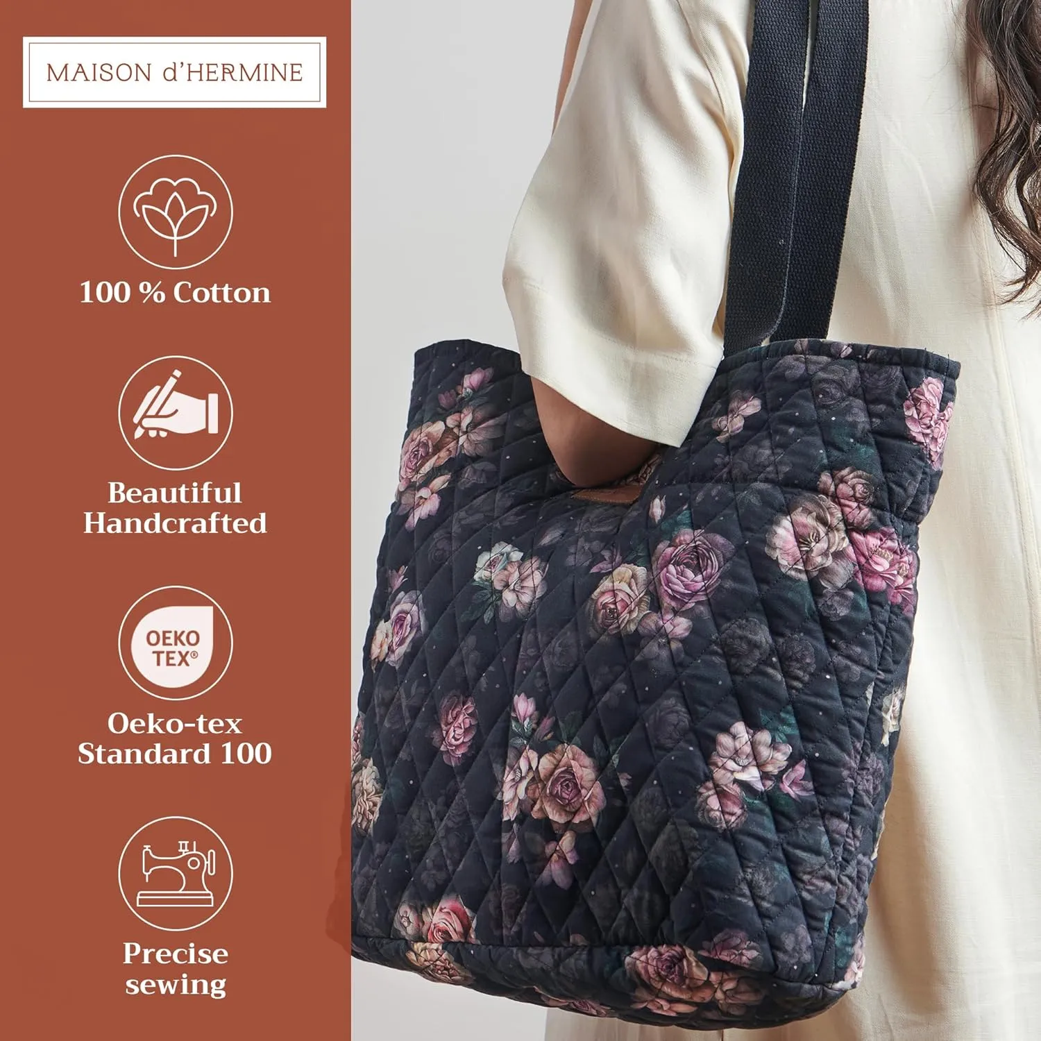 Maison d' Hermine Shopping Bags Cotton Quilted Tote Bag with Zipper Pockets Small Pouch Reusable Grocery Bag Work Travel