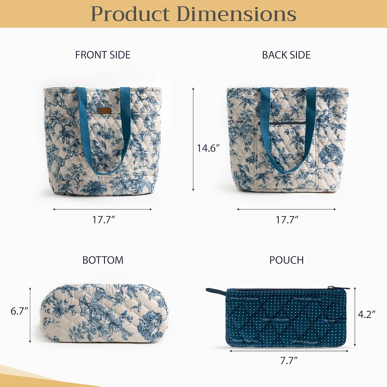 Maison d' Hermine Shopping Bags Cotton Quilted Tote Bag with Zipper Pockets Small Pouch Reusable Grocery Bag Work Travel