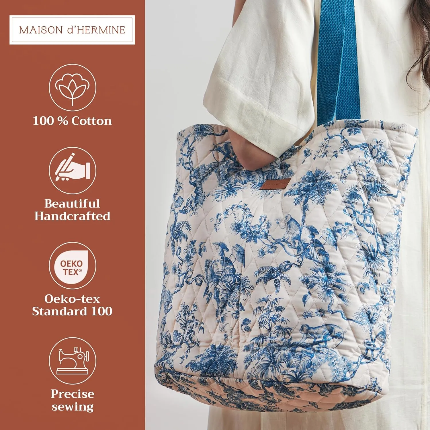Maison d' Hermine Shopping Bags Cotton Quilted Tote Bag with Zipper Pockets Small Pouch Reusable Grocery Bag Work Travel