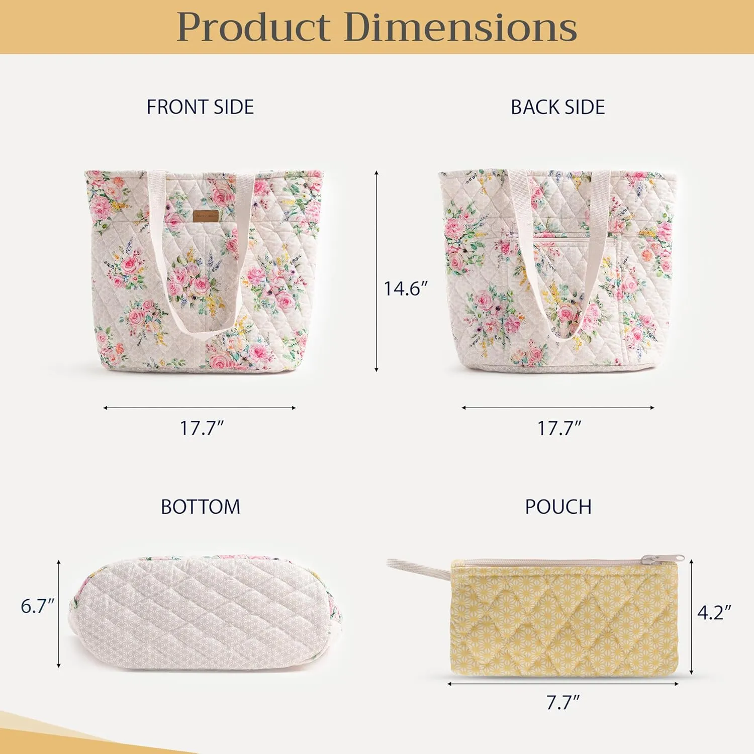 Maison d' Hermine Shopping Bags Cotton Quilted Tote Bag with Zipper Pockets Small Pouch Reusable Grocery Bag Work Travel