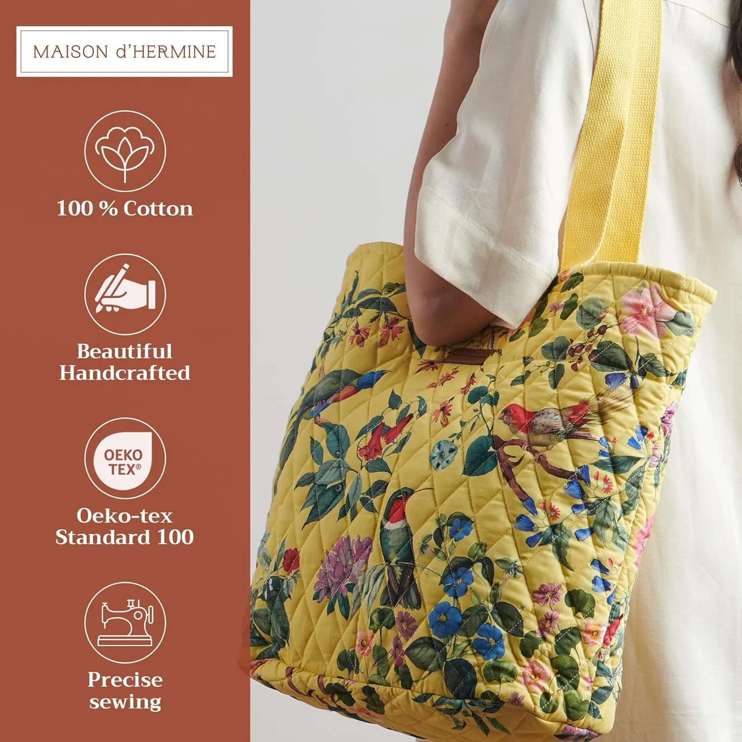 Maison d' Hermine Shopping Bags Cotton Quilted Tote Bag with Zipper Pockets Small Pouch Reusable Grocery Bag Work Travel