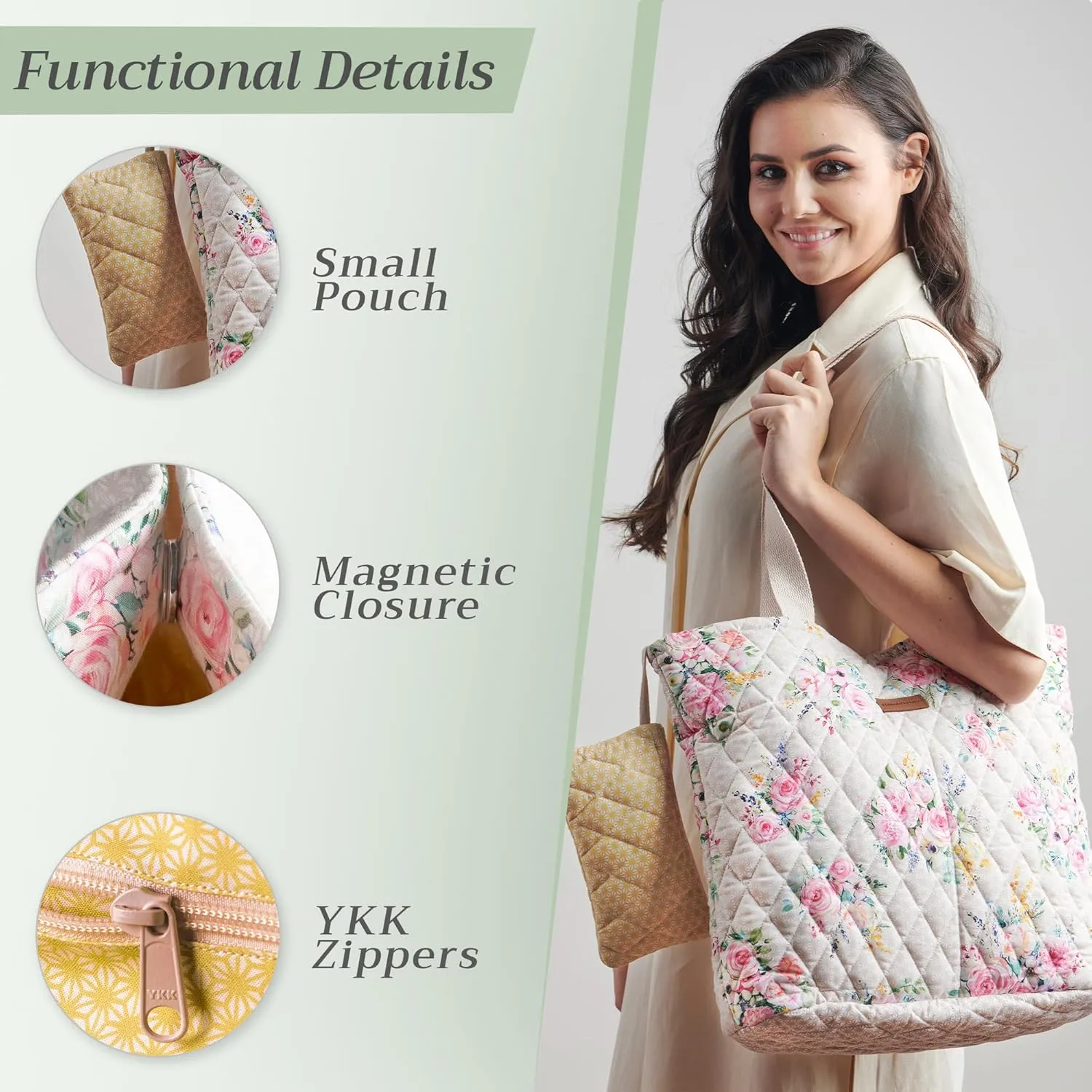 Maison d' Hermine Shopping Bags Cotton Quilted Tote Bag with Zipper Pockets Small Pouch Reusable Grocery Bag Work Travel