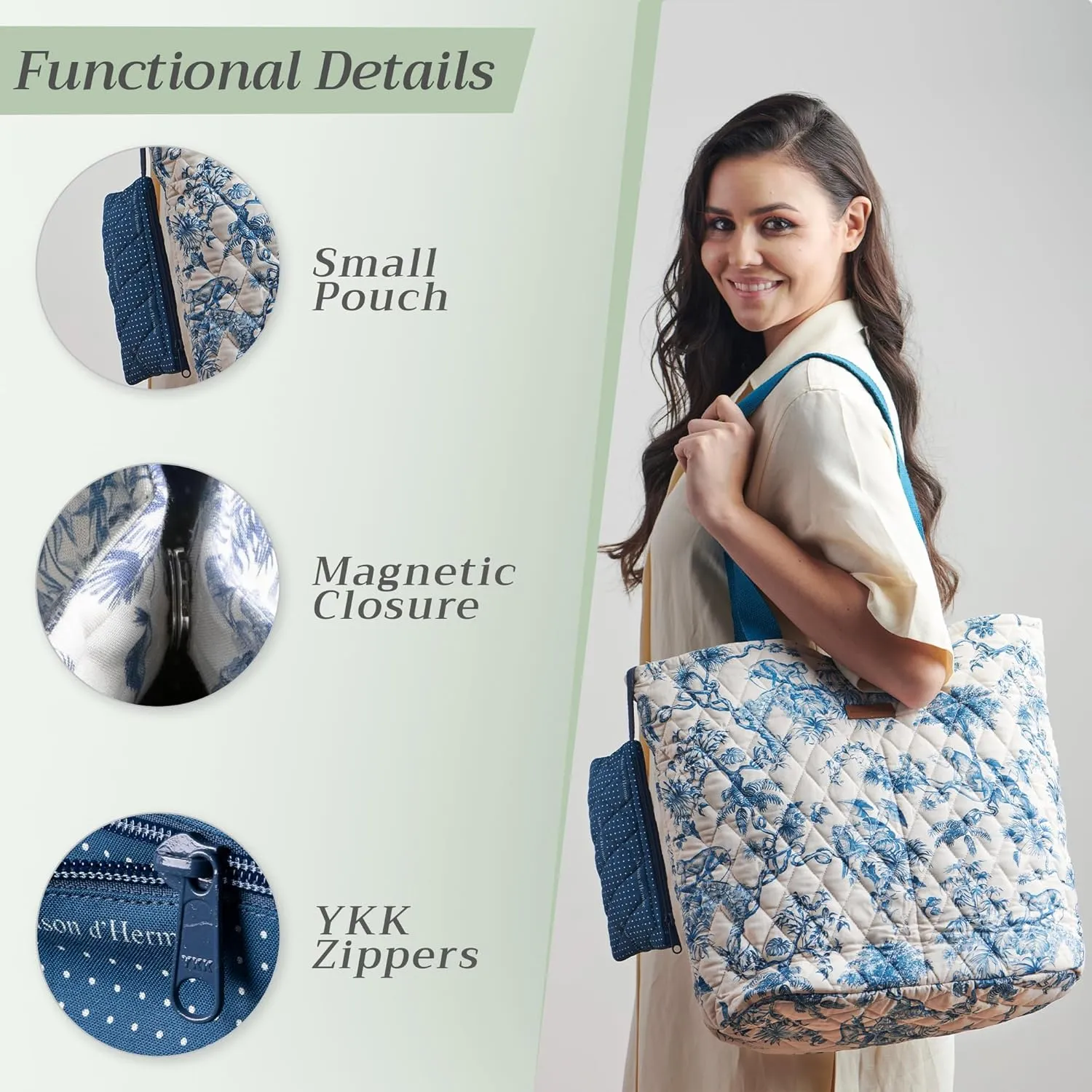 Maison d' Hermine Shopping Bags Cotton Quilted Tote Bag with Zipper Pockets Small Pouch Reusable Grocery Bag Work Travel