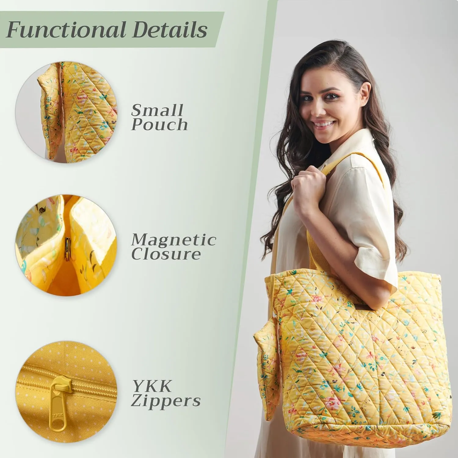 Maison d' Hermine Shopping Bags Cotton Quilted Tote Bag with Zipper Pockets Small Pouch Reusable Grocery Bag Work Travel