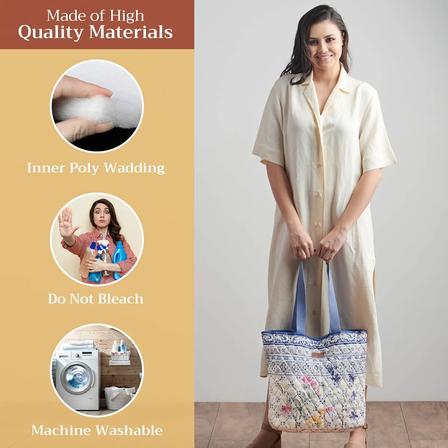 Maison d' Hermine Shopping Bags Cotton Quilted Tote Bag with Zipper Pockets Small Pouch Reusable Grocery Bag Work Travel
