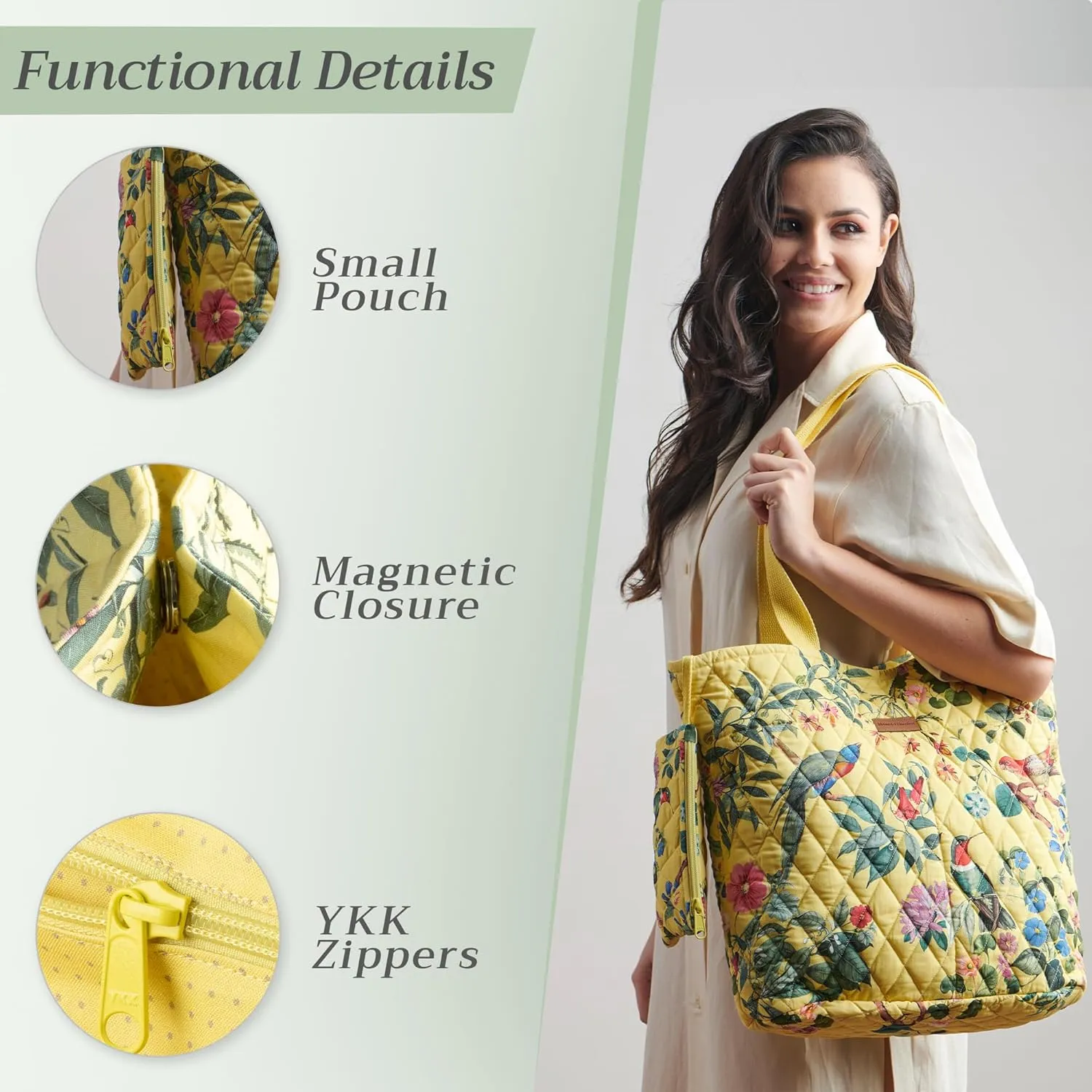 Maison d' Hermine Shopping Bags Cotton Quilted Tote Bag with Zipper Pockets Small Pouch Reusable Grocery Bag Work Travel