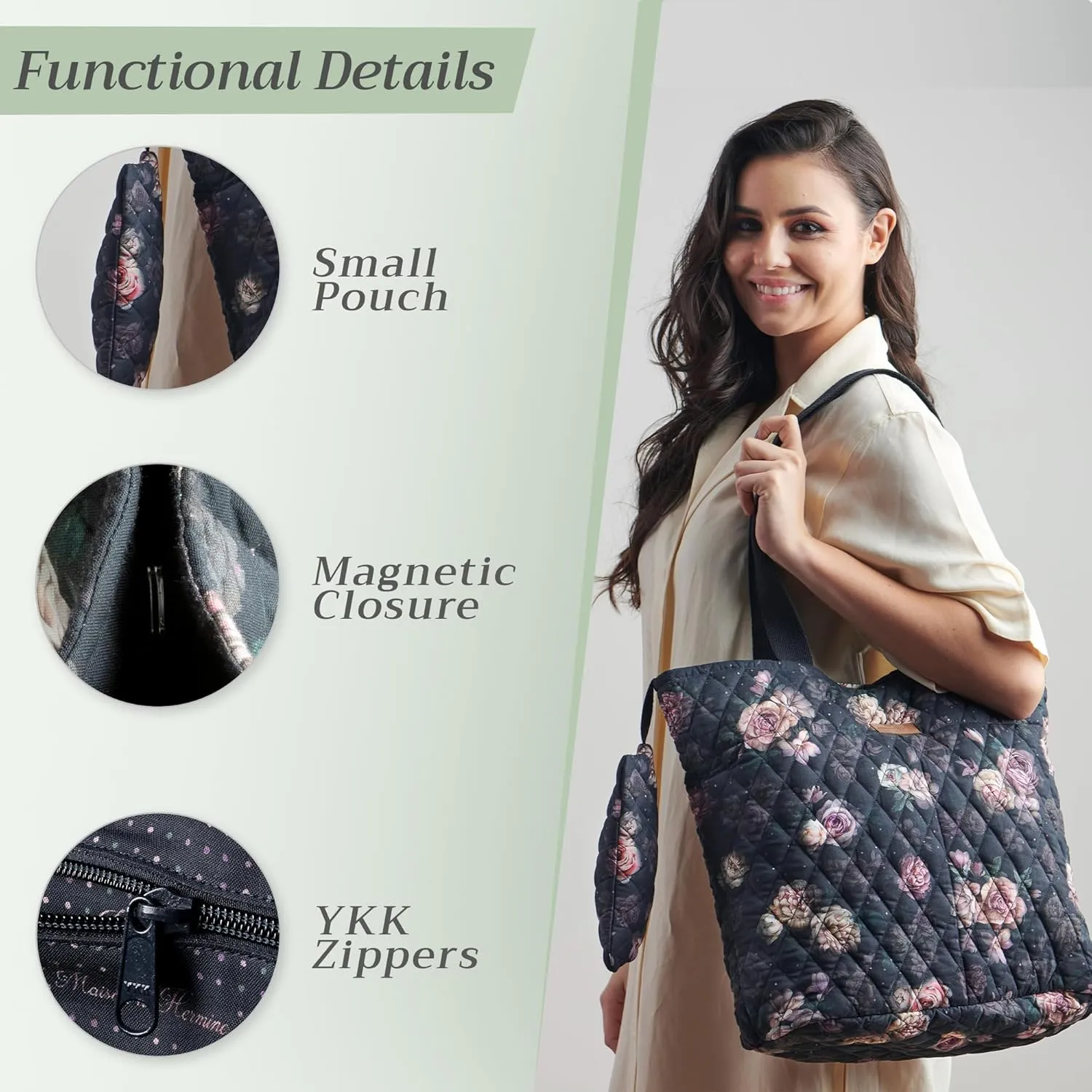 Maison d' Hermine Shopping Bags Cotton Quilted Tote Bag with Zipper Pockets Small Pouch Reusable Grocery Bag Work Travel